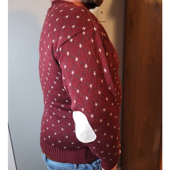 Vintage 80s Mens Maroon Diamond Sweater Sz Medium Elbow Patches Grandpacore - Picture 8 of 10
